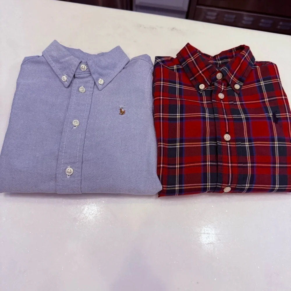Ralph Lauren Lot Of 2 Boys Button Down Shirts Blue Oxford & Red Plaid Sz 24 Mo.